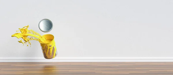 Paint Can Splashing Yellow Color Apartment Wall Copy Space Individual — Stock Photo, Image