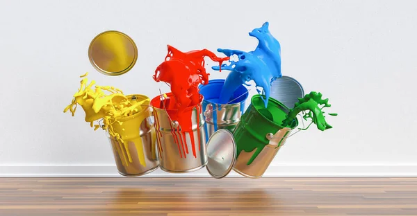 Four Paint Cans Splashing Different Colors Apartment Renovation Concept Image — Stock Photo, Image