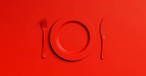 Üres Piros Lemez Mockup Villával Késsel Felülnézetből Tiszta Kerámia Edények — Stock Fotó