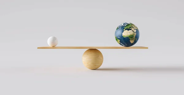 Wooden Scale Balancing Earth Ball One Small Ball Concept Harmony — Stock Photo, Image