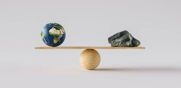 wooden scale balancing big Earth ball and rock. Concept of harmony and balance