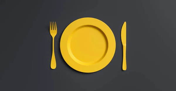 Blank Yellow Plate Mockup Fork Knife Top View Clear Ceramic — Stock Photo, Image