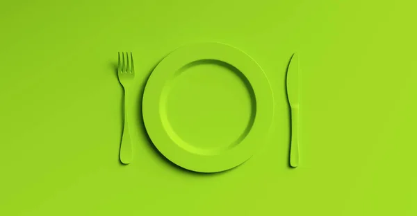 Blank Green Plate Mockup Fork Knife Top View Clear Ceramic — Stock Photo, Image