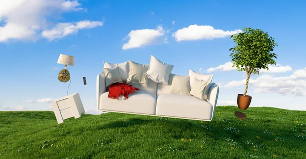 Zero Gravity Sofa hovering over a meadow with furniture and cloudy sky