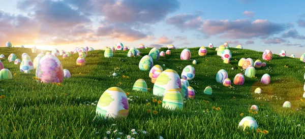 Many Colorful Easter Eggs Grass Meadow Easter — ストック写真