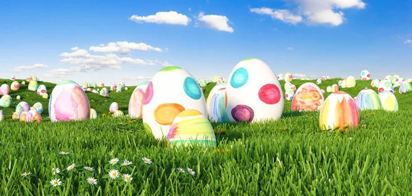 Muchos Coloridos Huevos Pascua Acuarela Para Ser Buscado Prado Pascua —  Fotos de Stock