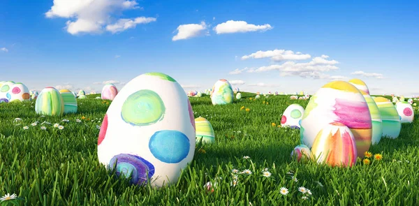 Mnoho Barevných Velikonočních Vajíček Trávě Louce Velikonoce — Stock fotografie