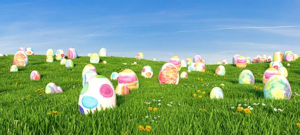 Sok Színes Akvarell Húsvéti Tojás Réten Húsvéti Vadászat Másolja Helyet — Stock Fotó