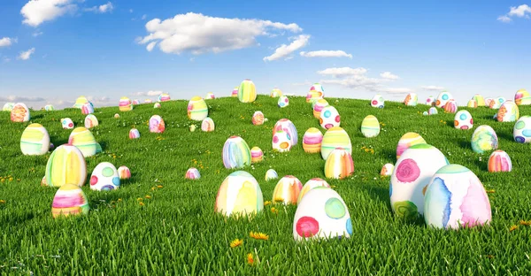 Mnoho Velikonočních Vajíček Louce — Stock fotografie