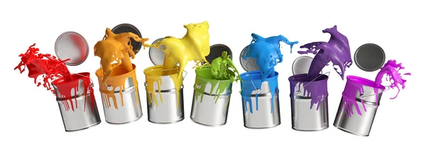 Colorful Paint Buckets Splashing Rainbow Colors Isolated White Background — Stock Photo, Image