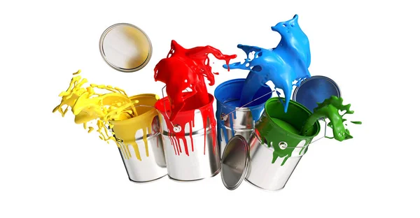 四个漆罐喷出不同的明亮颜色 分别以白色为背景 翻新概念形象 — 图库照片