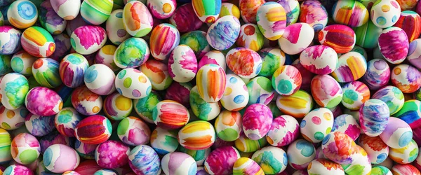 Muchos Huevos Coloridos Pascua Acuarela Tamaño Del Banner Panorama —  Fotos de Stock