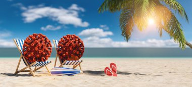 Bir çift plaj sandalyesi ve Coronavirus Coronavirus covid-19 salgını. Kum sahilinde palmiye ağacı, parmak arası terlik, güneş ışığında güneş şemsiyesi. 