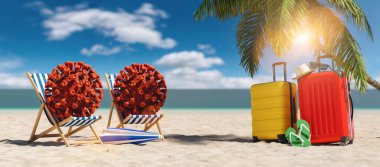Bir çift plaj sandalyesi ve Coronavirus Coronavirus covid-19 salgını. Kumsalda bavul, palmiye ağacı, parmak arası terlik, güneş ışığı altında güneş şemsiyesi. 