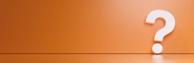 Turuncu renkli duvar arkaplanının önündeki soru işareti. İş desteği kavramı 