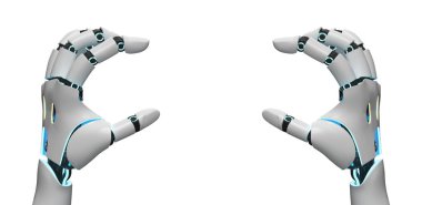 Beyaz arka planda izole edilmiş bir robot veya insansı robot (KI) tutacağı.