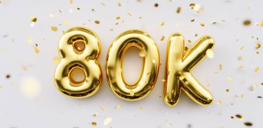 80 bin takipçi kutlama yapıyor. Sosyal medya başarı afişi. 80.000 takipçi mektuplarınız için teşekkür ediyor. Altın parıldayan konfeti kurdeleleri. Beyaz arkaplan üzerindeki minnettarlık metni.