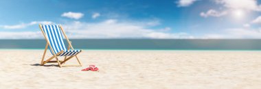 Plaj sandalyesi ve terlikleri boş kum. Yaz tatilinde mavi gökyüzü olan plaj, bireysel metin için kopyalama alanı