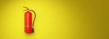 Sarı duvardaki yangın söndürücü, pankart boyutu, her bir metin için kopyalama alanı