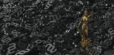 Ölçekli bronz kadın, adaletin sembolü ve siyah paragraflı hukuk.