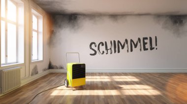 Schimmel (German for: Mould in a room) with Professional dehumidifier after water damage standing in a room with a lot of Mould clipart