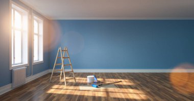 Oturma odası merdiven ve boya kovasıyla yenileniyor. Boş mavi duvar, pankart boyutu, bireysel metin için telif alanı.
