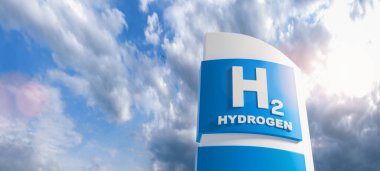 Mavi Hidrojen doldurma H2 Gaz Pompa istasyonu simgesi bulut arkaplanında izole - H2 enerji konsepti resmi