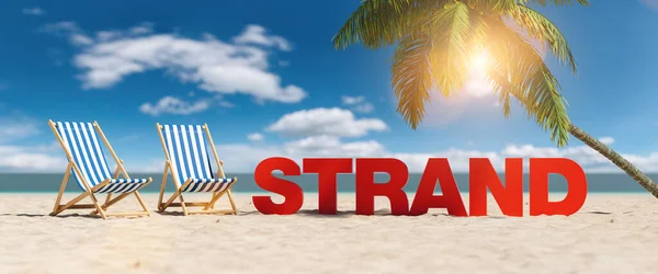 Strandkonzept Mit Strandparole Mit Liegestühlen Palme Und Blauem Himmel — Stockfoto
