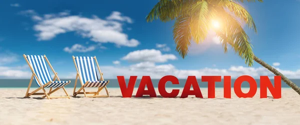 Urlaubskonzept Mit Slogan Strand Mit Liegestühlen Palme Und Blauem Himmel — Stockfoto
