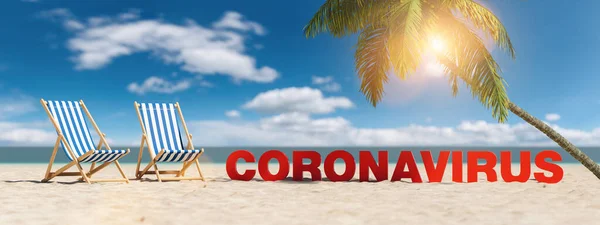 Concetto Coronavirus Con Slogan Sulla Spiaggia Con Sdraio Palme Cielo — Foto Stock