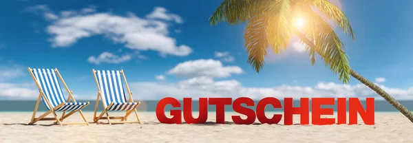 デッキチェア パームツリー 青空を備えたビーチでのスローガンとGutschein ドイツ語 クーポン のコンセプト — ストック写真