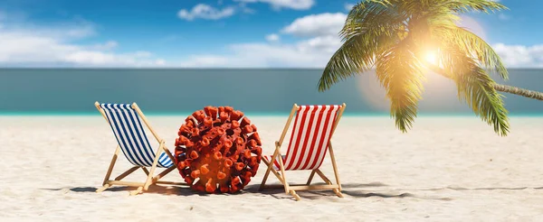 Coronavirus coronavirus covid-19 salgınıyla kumsalda bir çift plaj sandalyesi ve yazın güneş ışığında palmiye ağacı. 