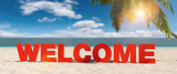 Welcome Concept Slogan Beach Palm Tree Blue Sky — Stock Photo, Image