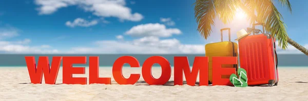 带着标语的欢迎理念在沙滩上与Suitcase 棕榈树 翻筋斗和蓝天 — 图库照片