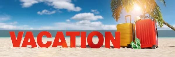 Concepto Vacaciones Con Lema Playa Con Maleta Palmera Chanclas Cielo — Foto de Stock