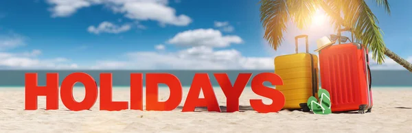 スーツケース パームツリー フリップフロップと青い空とビーチでのスローガンと休日の概念 — ストック写真