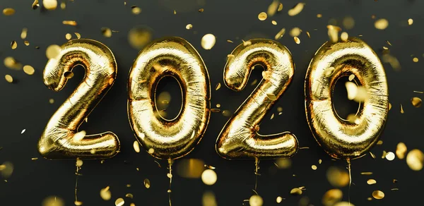 Happy New 2020 Year. Holiday gold metallic balloon numbers 2020 and falling confetti on dark background