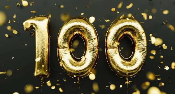 100 years old. Gold balloons number 100th anniversary, happy birthday congratulations, with falling confetti