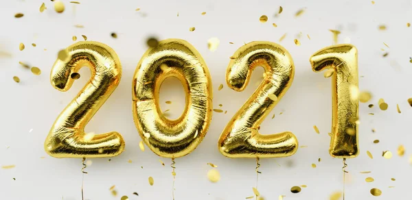 Happy New 2021 Year. Holiday gold metallic balloon numbers 2021 and falling confetti on white background