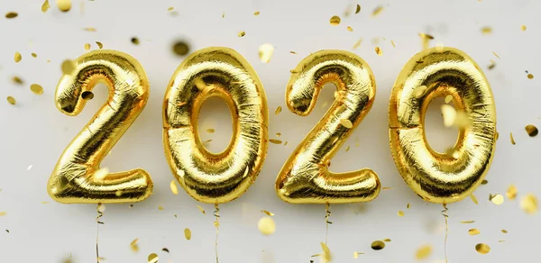 Happy New 2020 Year. Holiday gold metallic balloon numbers 2020 and falling confetti on white background