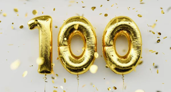 100歳 黄金の風船番号100周年お誕生日おめでとう白い背景にコンフェッティを落下 — ストック写真