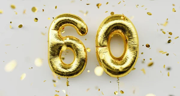 60歳 黄金の風船番号60周年お誕生日おめでとう白い背景にコンフェッティを落下 — ストック写真