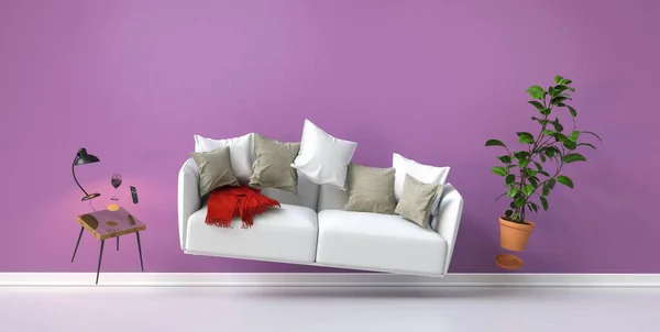 Floating furniture with a lamp and sofa in zero gravity in the living room with a pink wall