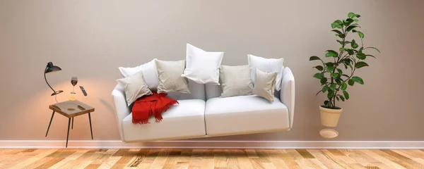 Zero Gravidade Sala Estar Com Hoovering Sofá Mobiliário — Fotografia de Stock