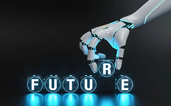 stock image robot or cyborg hand with black  technology cubes and tex tfuture - ai concept image