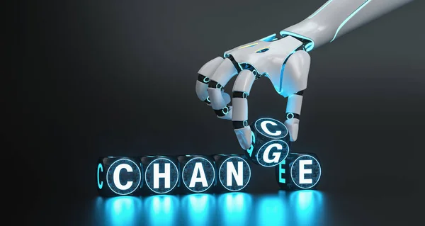 cyborg robot hand changes text cube from change to chance - ai concept image