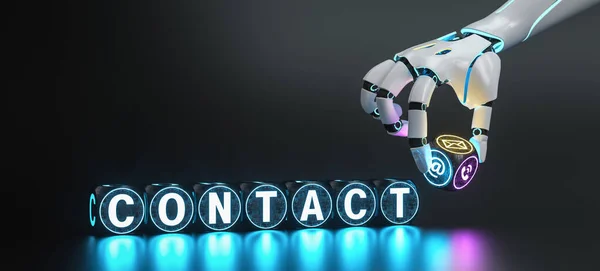 Futuristic robot hand holds contact communication or support Hotline cube and text Contact - ai concept image