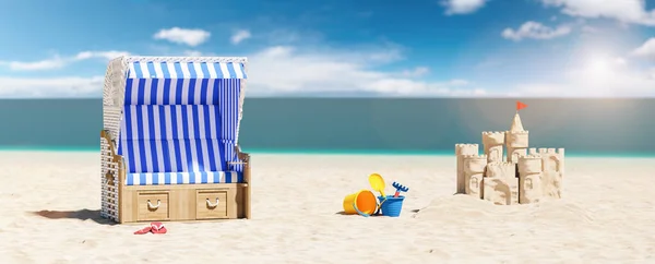 Cadeira Praia Vazia Com Castelo Areia Brinquedos Areia Praia Mar — Fotografia de Stock