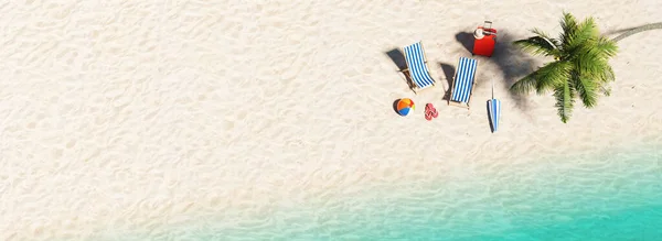 Kumsalın Okyanusun Plaj Sandalyesinin Havadan Görünüşü Plaj Kenarında Sandaletler Şemsiye — Stok fotoğraf
