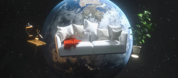 Flygande Soffa Och Möbler Viktlöshet Rymden Med Utsikt Över Planeten — Stockfoto